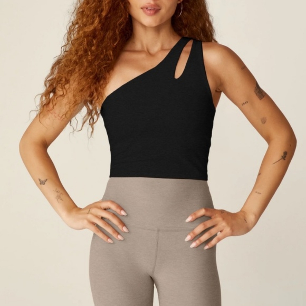 Beyond Yoga Lost Your Mind Crop One Shoulder Space Dye Heather Gray Top Size S